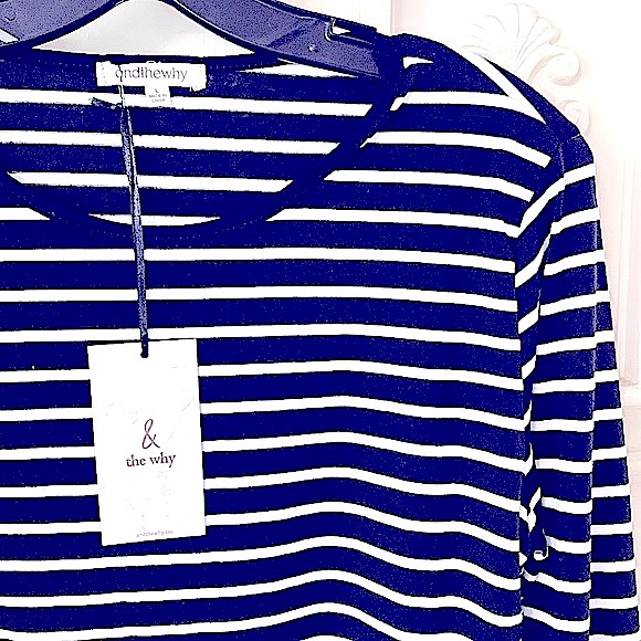 🆕Classy_CHIC »B&W Striped Long »Fit&Flare« »Bell-Sleeves« Stylish Ladies Top LG - Picture 9 of 16